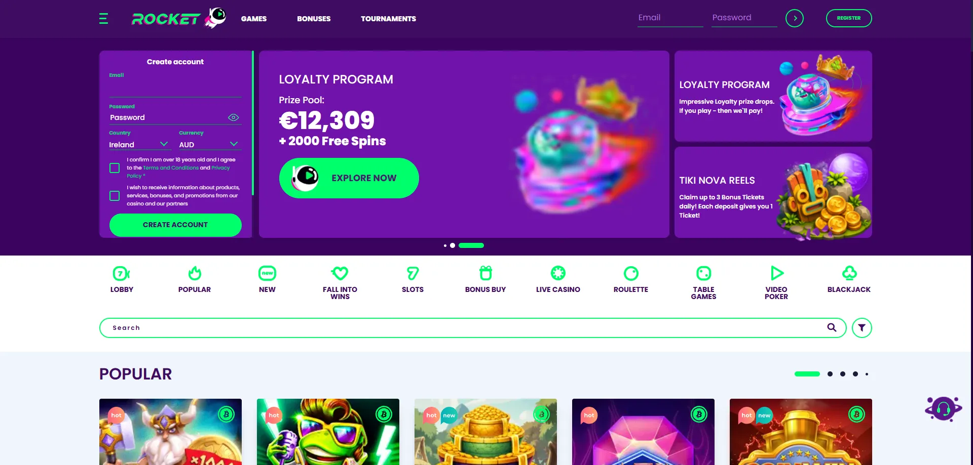 Casino Rocket lobby with 3000+ games for Australian players
