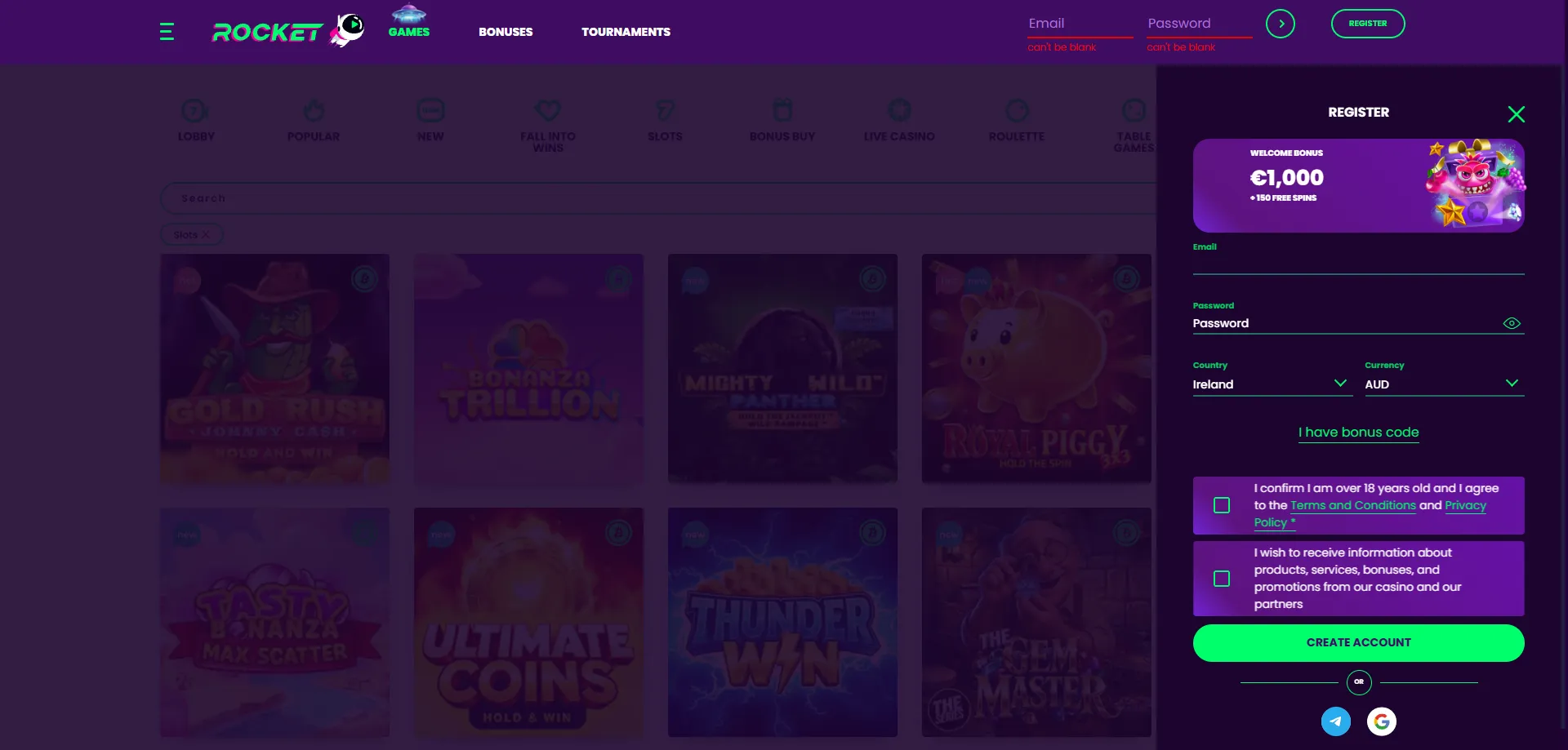 Casino Rocket casino registration form — sign up in minutes